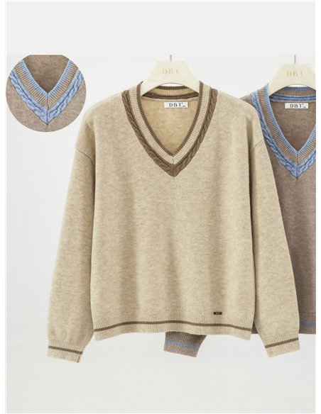Jersey cuello pico trenzado contraste