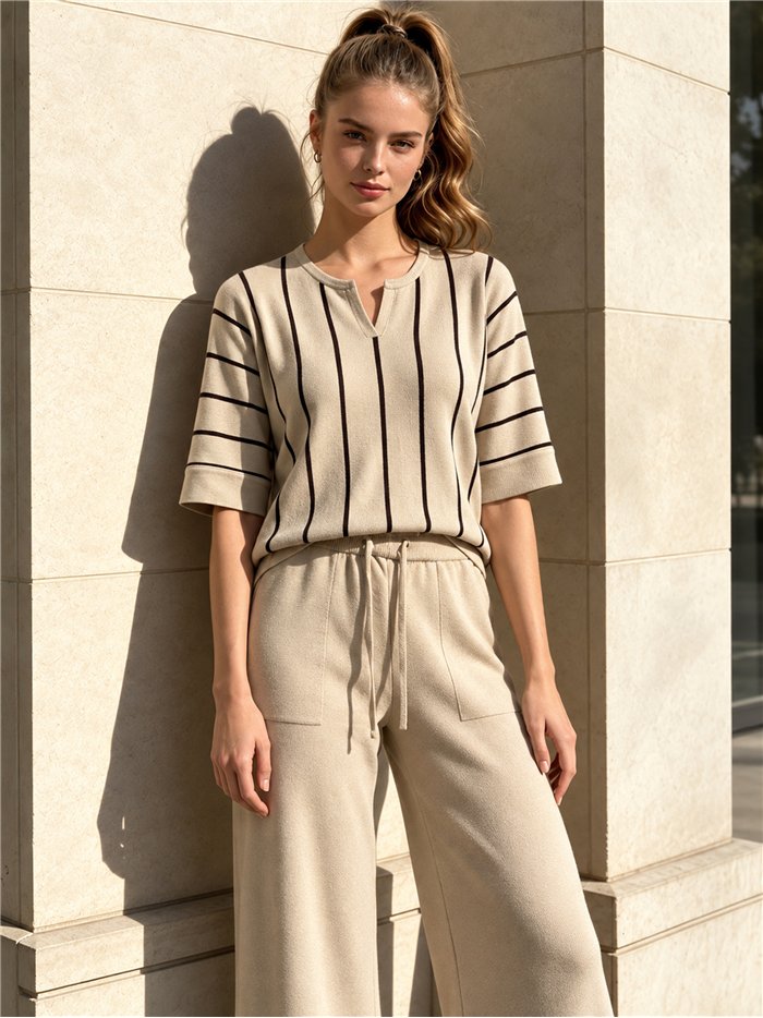 Conjunto jersey rayas y pantalón wide leg