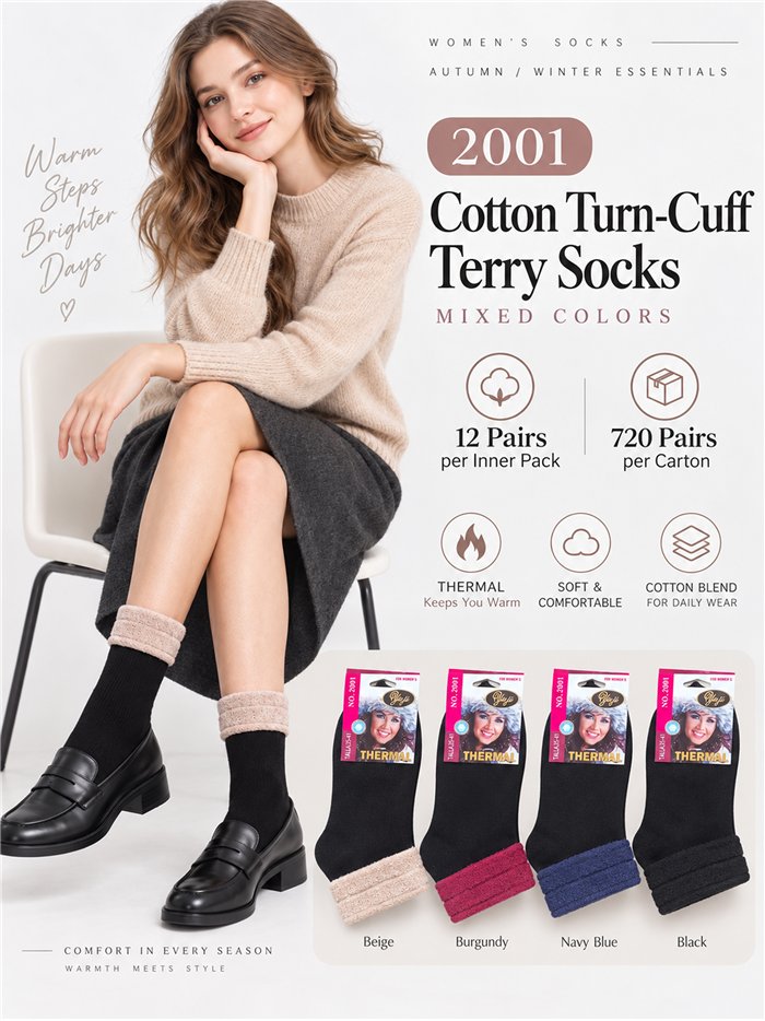 Thermal terry socks with turn-over cuff