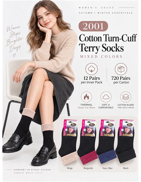 Thermal terry socks with turn-over cuff