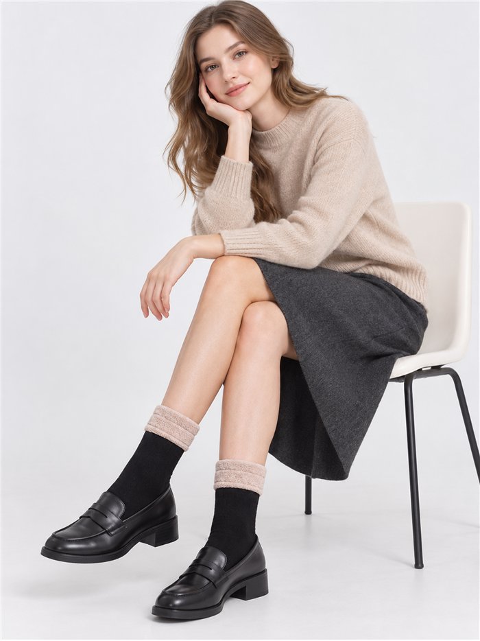 Thermal terry socks with turn-over cuff