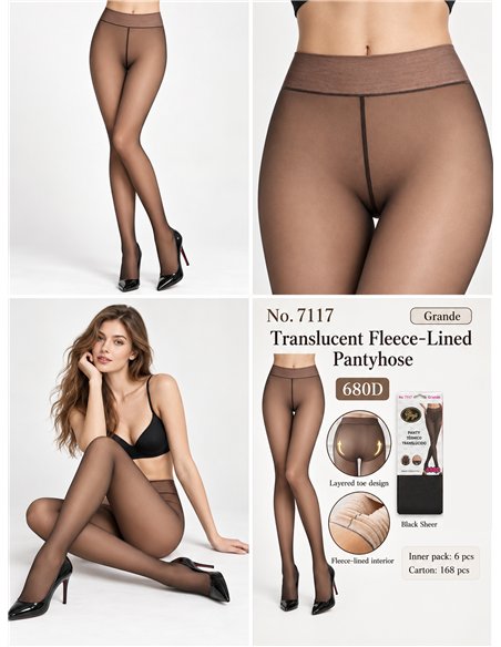 Plus size long fleece sheer-effect thermal tights 680D