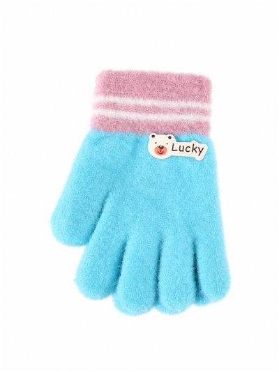 Guantes infantiles suaves con puño a rayas y parche oso