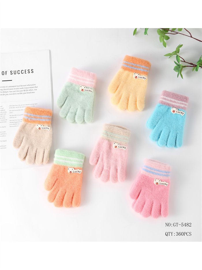 Guantes infantiles suaves con puño a rayas y parche oso