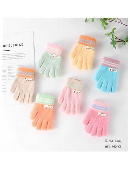 Guantes infantiles suaves con puño a rayas y parche oso
