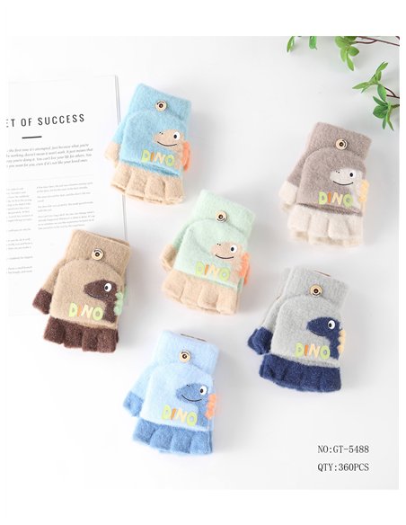 Guantes infantiles mitones con solapa dinosaurio