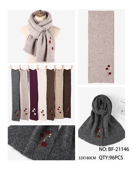 Cachecol de tricô com flores bordadas, toque de cashmere