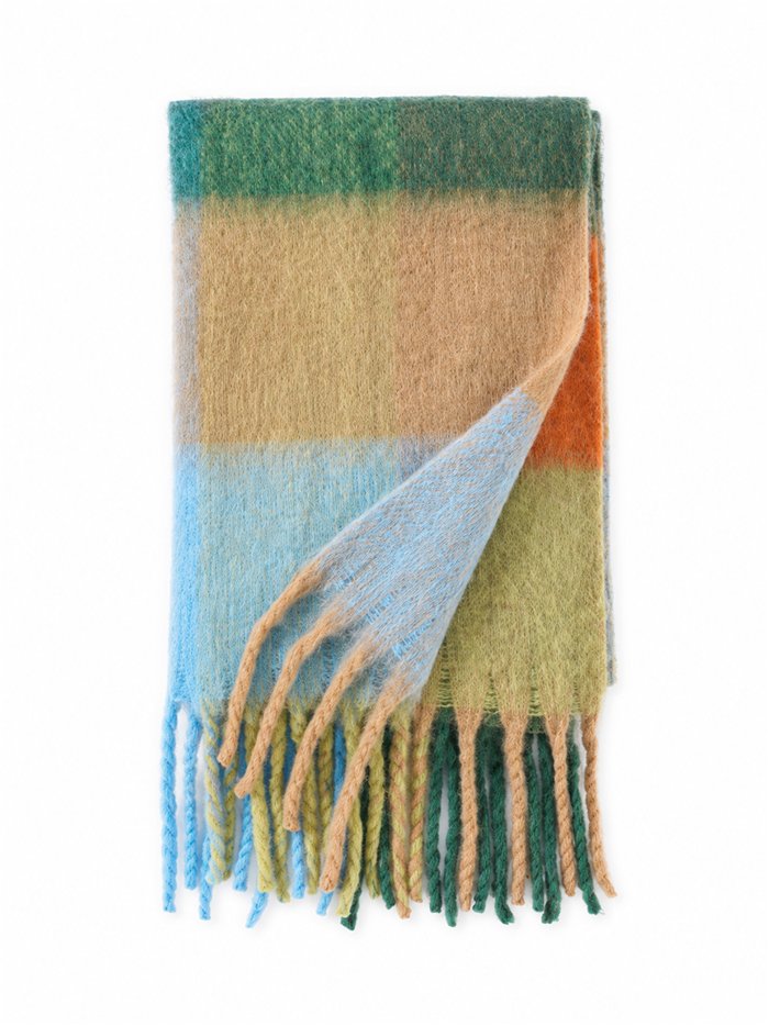 Lenço maxi xadrez multicolorido com franjas