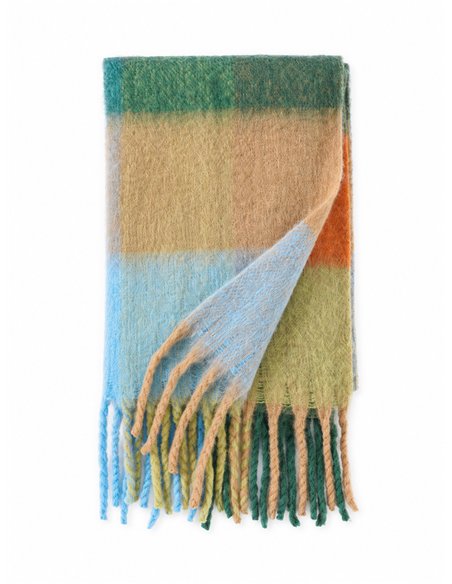 Lenço maxi xadrez multicolorido com franjas