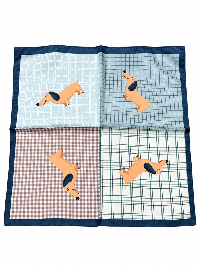 Pañuelo cuadrado satinado estampado perros y cuadros
