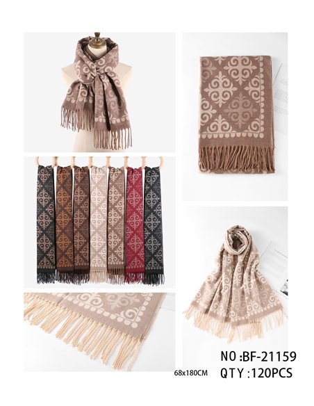 Sciarpa jacquard con stampa damascata arabesca e frange.