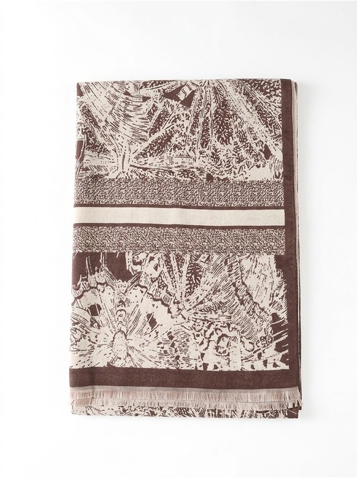 Fular jacquard estampado de paisaje botánico estilo toile de jouy