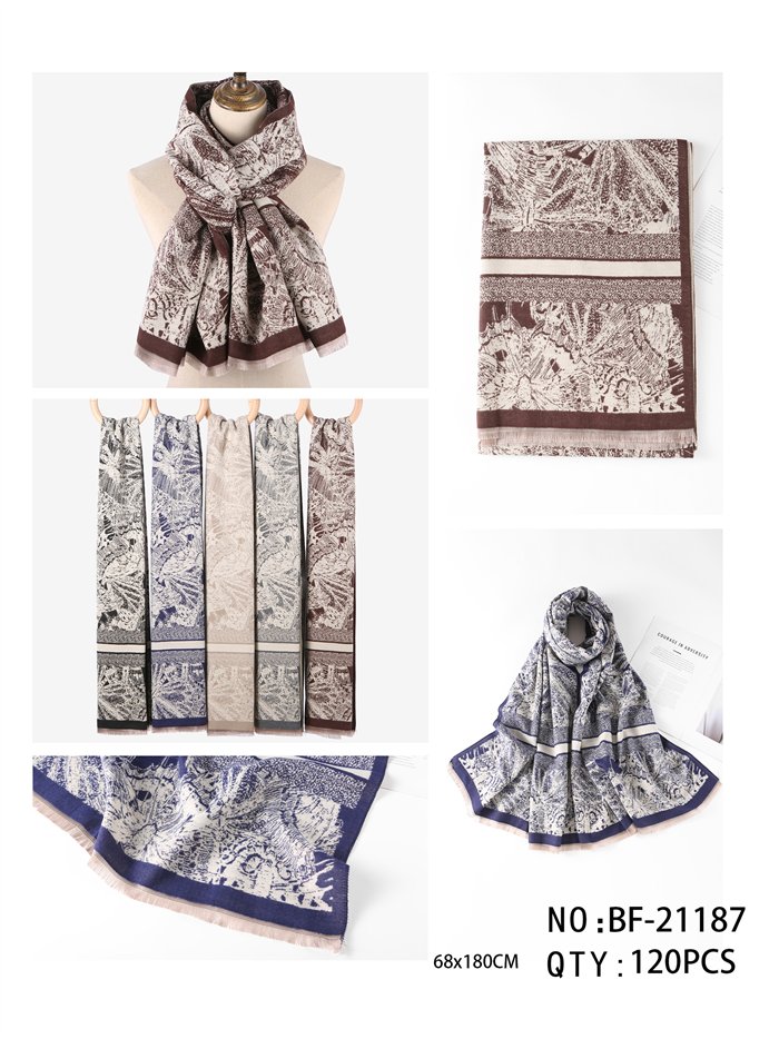 Fular jacquard estampado de paisaje botánico estilo toile de jouy