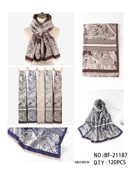 Fular jacquard estampado de paisaje botánico estilo toile de jouy