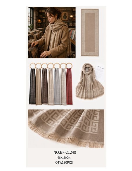Lenço jacquard elegante com estampa geométrica de inspiração clássica.