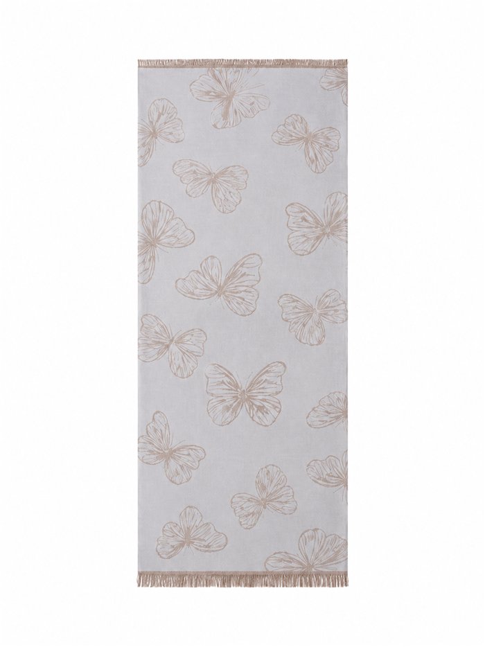 Lenço estampado com borboletas e franjas finas.