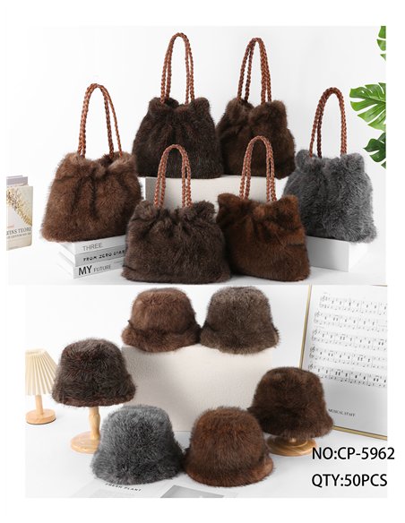 Conjunto gorro y bolso de pelo sintético