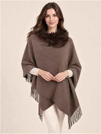 Poncho liso cuello de pelo sintético