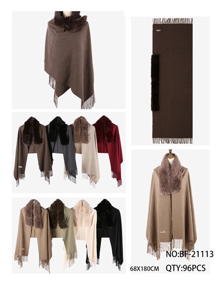 Poncho liso cuello de pelo sintético