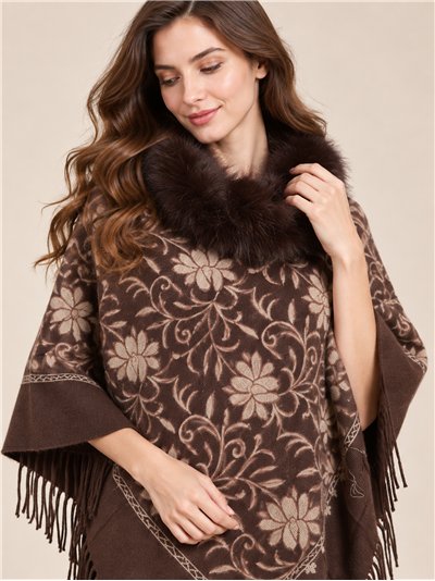 Poncho floral cuello de pelo sintético