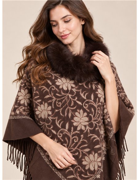 Poncho floral cuello de pelo sintético