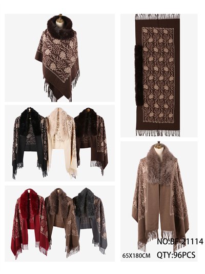 Poncho floral cuello de pelo sintético 2