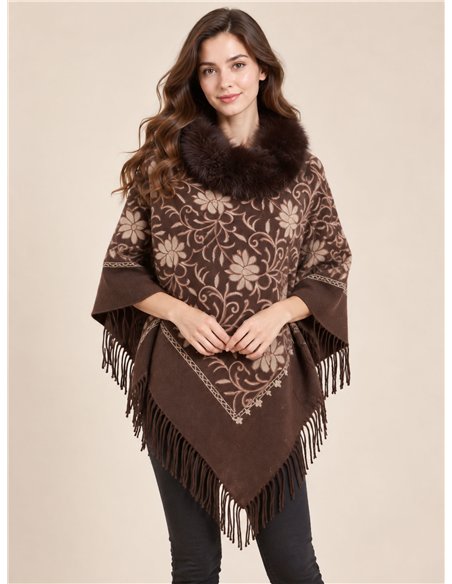 Poncho floral cuello de pelo sintético