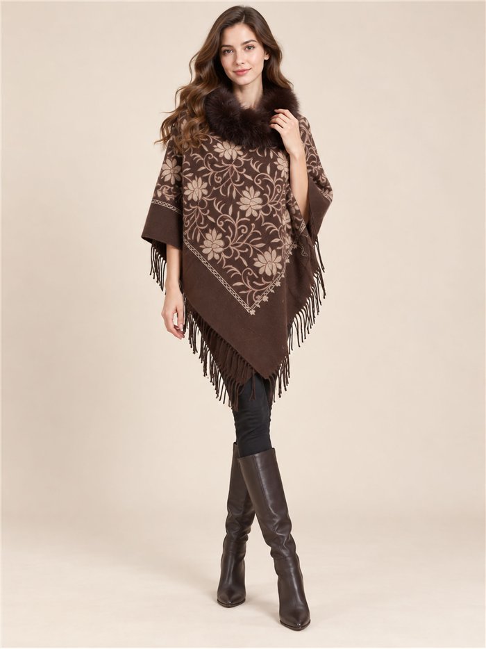 Poncho floral cuello de pelo sintético
