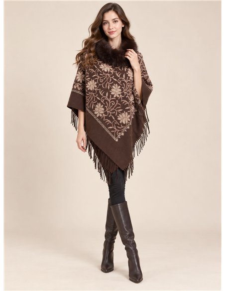 Poncho floral cuello de pelo sintético