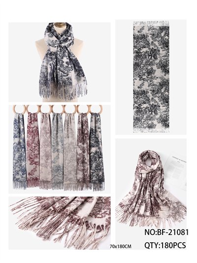 Schal mit Toile-de-Jouy-Muster und Fransen 2