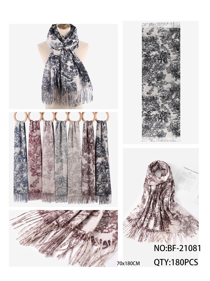 Schal mit Toile-de-Jouy-Muster und Fransen
