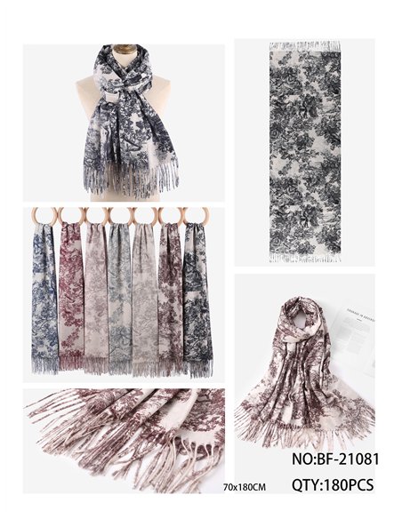 Schal mit Toile-de-Jouy-Muster und Fransen