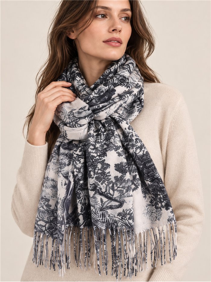 Schal mit Toile-de-Jouy-Muster und Fransen
