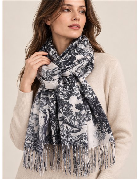 Schal mit Toile-de-Jouy-Muster und Fransen
