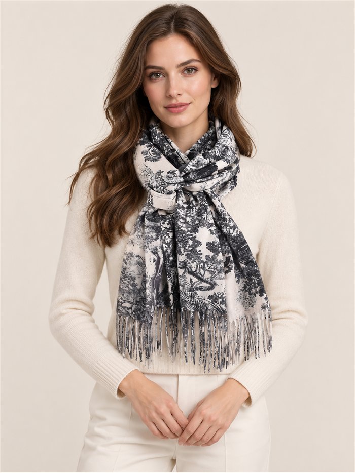 Schal mit Toile-de-Jouy-Muster und Fransen