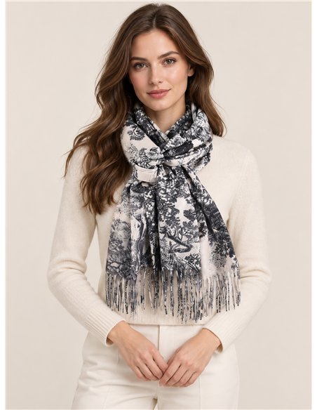 Schal mit Toile-de-Jouy-Muster und Fransen