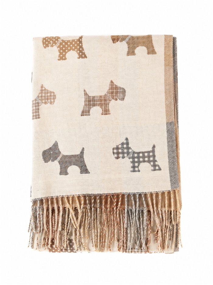 Cachecol com estampa de cachorro e franjas