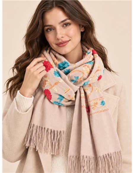Bufanda floral bordada con flecos