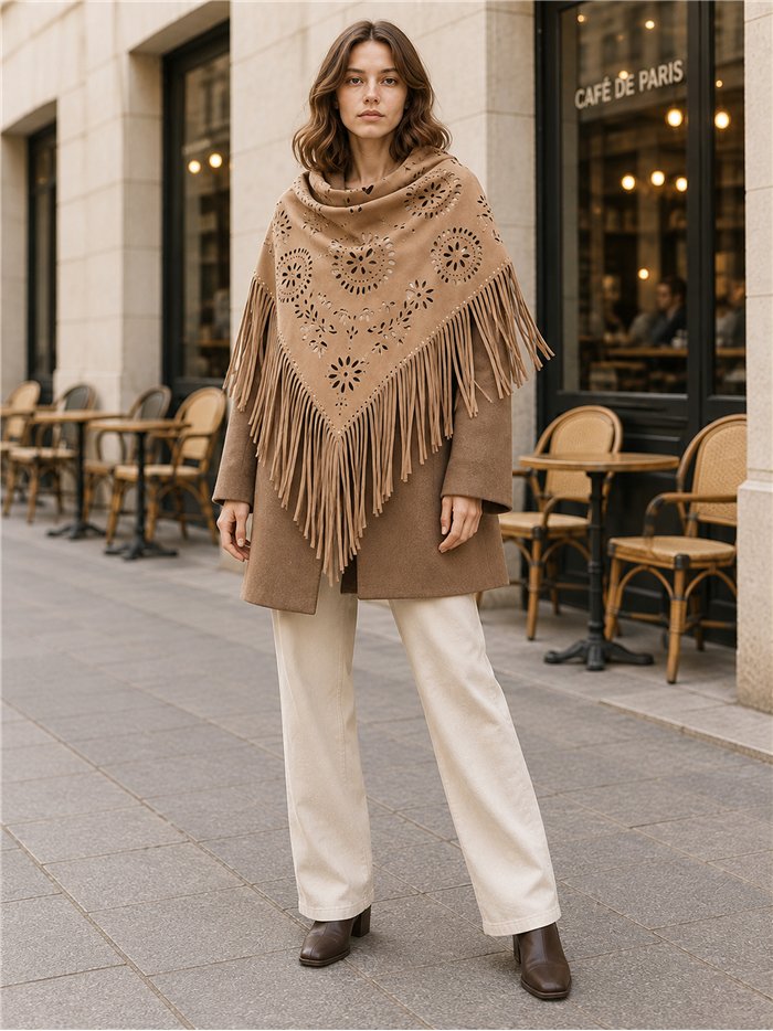 Poncho de camurça sintética com franjas recortadas.