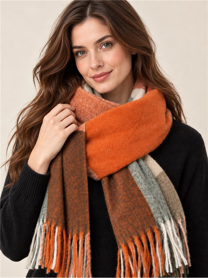 Bufanda cuadros color block con flecos