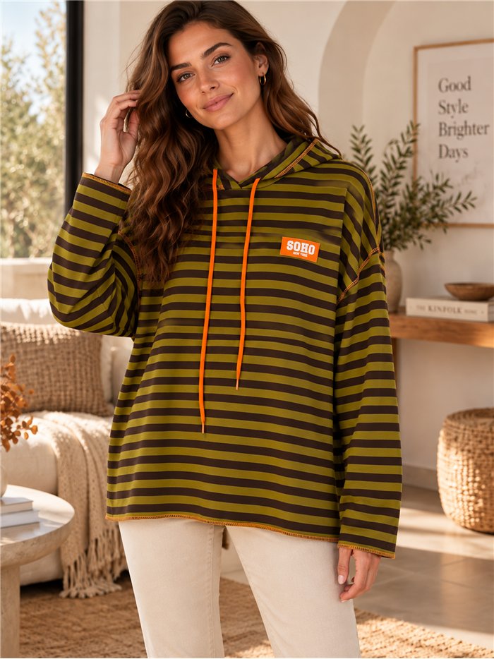Felpa con cappuccio a righe oversize