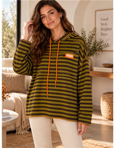 Felpa con cappuccio a righe oversize