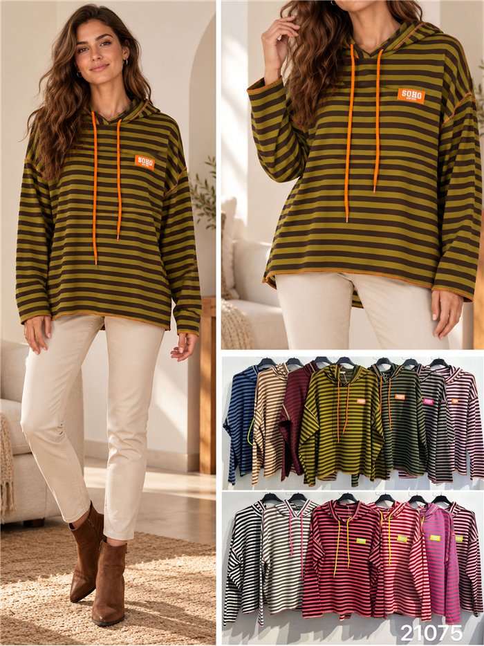 Felpa con cappuccio a righe oversize