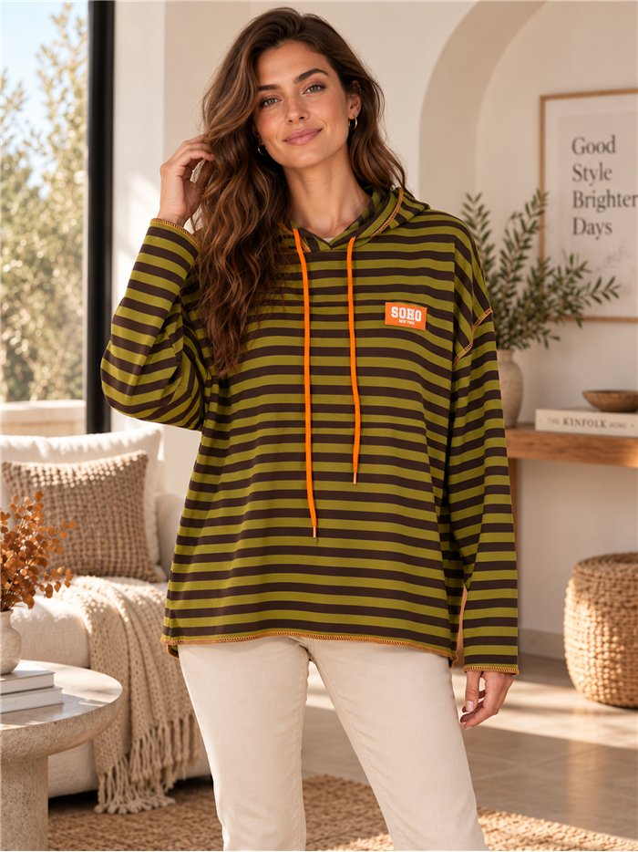 Felpa con cappuccio a righe oversize
