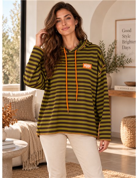 Felpa con cappuccio a righe oversize