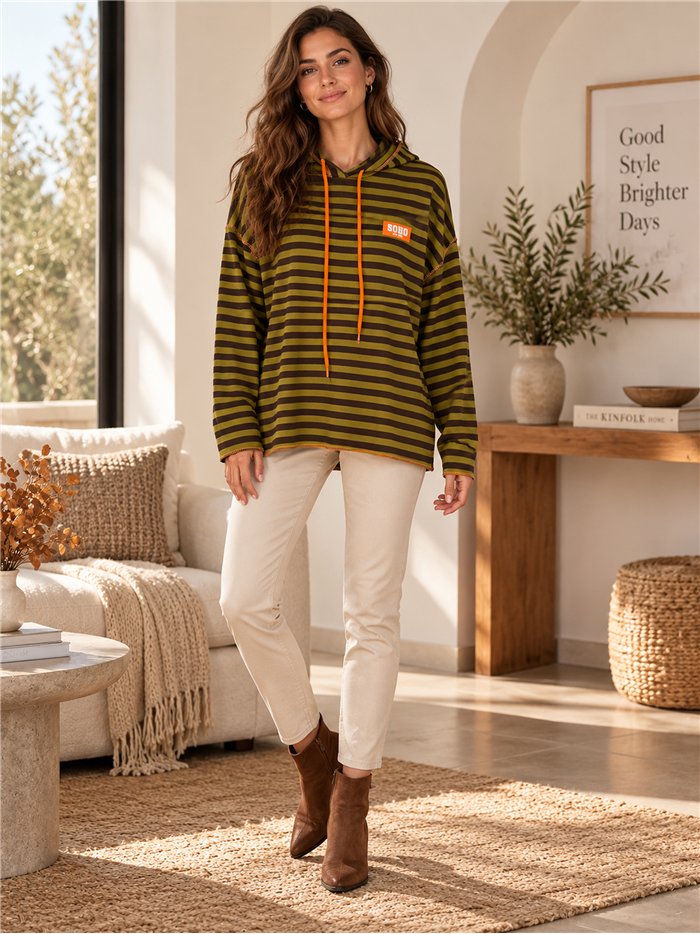 Felpa con cappuccio a righe oversize