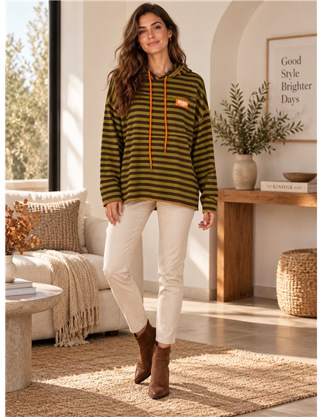 Felpa con cappuccio a righe oversize