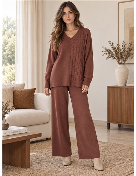 Cable knit sweater and wide-leg trousers set