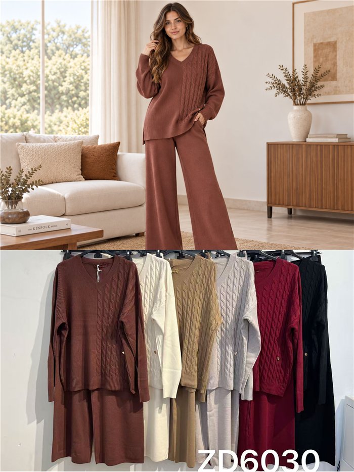 Cable knit sweater and wide-leg trousers set