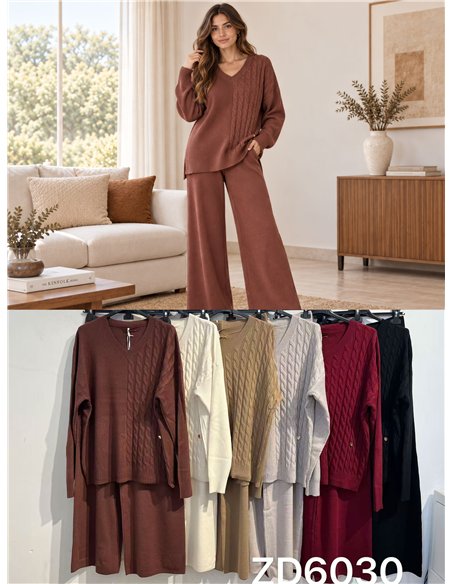 Cable knit sweater and wide-leg trousers set